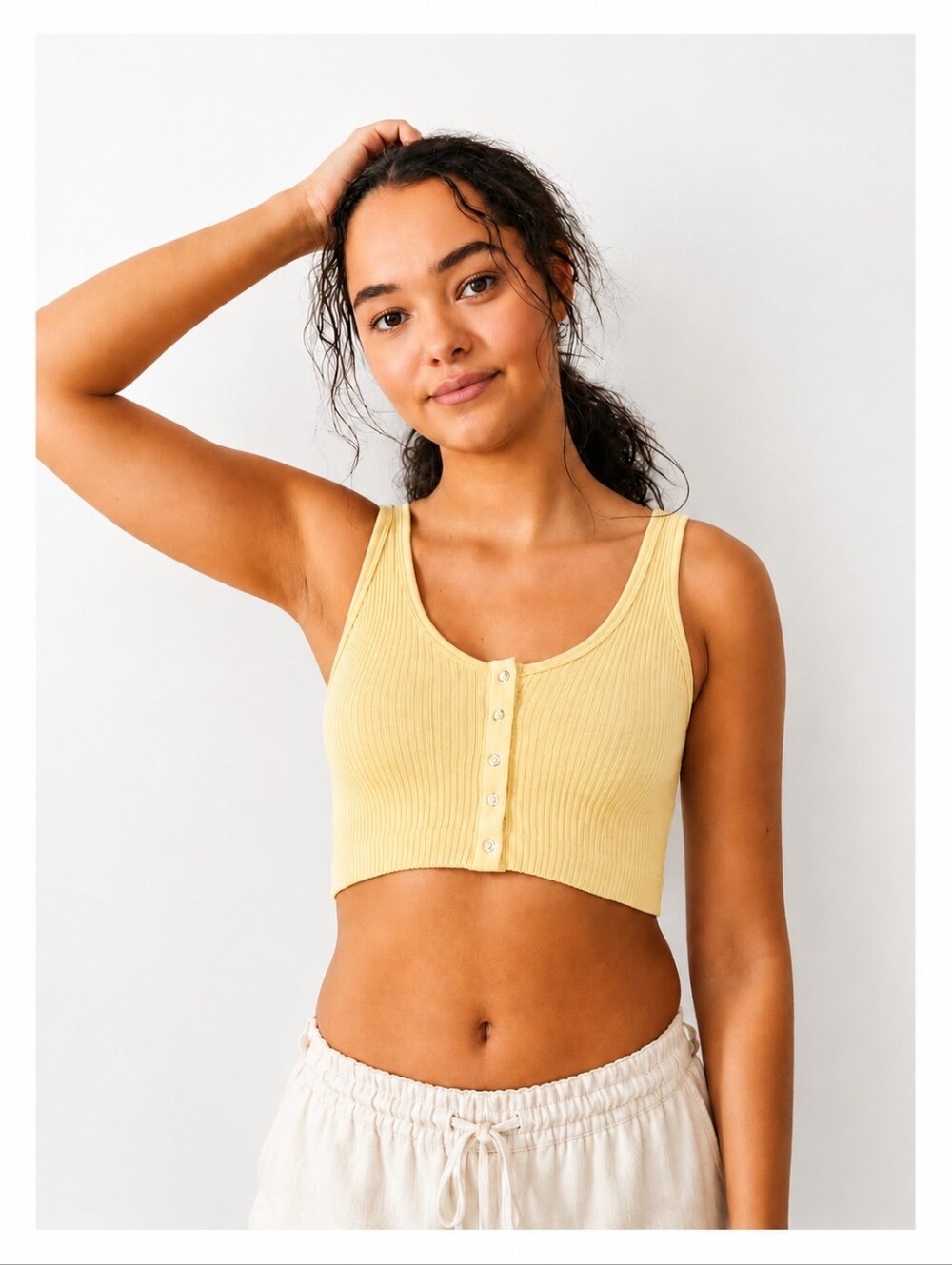 Out From Under Urban Outfitters Ribbed Henley Crop Tank Top Yellow M/L